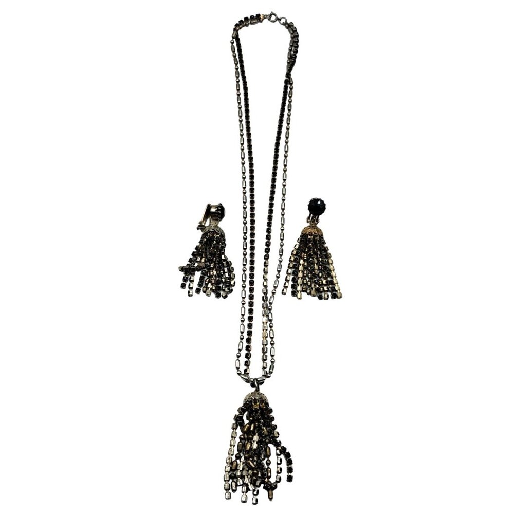 Vintage Weiss Necklace Earrings Set Black Rhinestones Tassel Long Dangling Chain - Picture 9 of 9